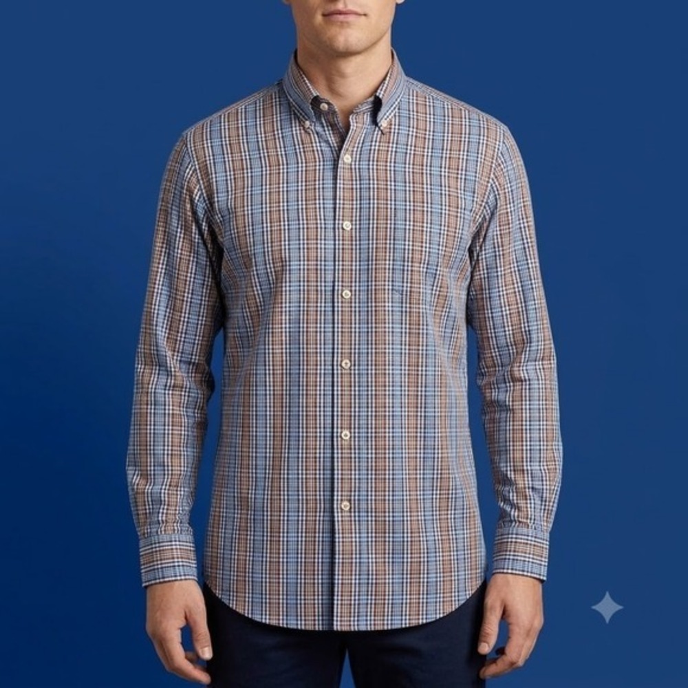Peter‎ Millar Dress Shirt Mens Large Blue Plaid Check Cotton Button Down Long